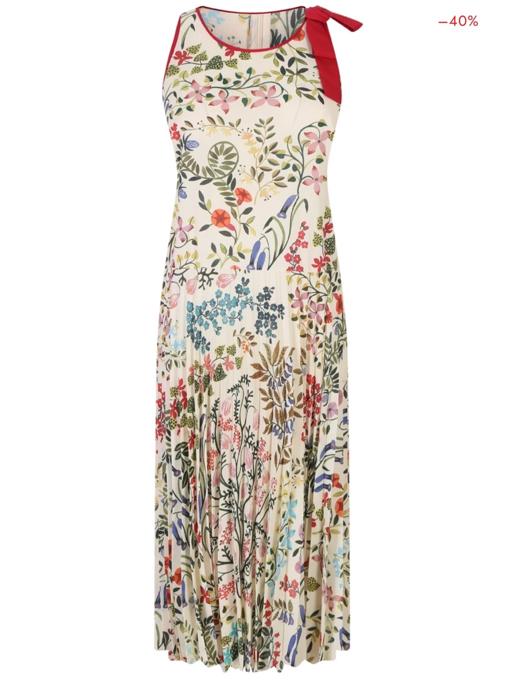 RED Valentino Floral Pleated Midi Bow Dress in Ivory and Red Trim